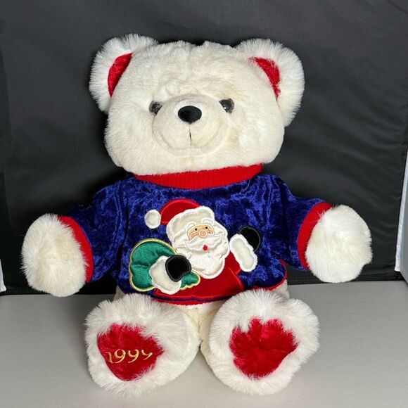 Vtg Christmas Plush‎ Teddy Bear White Santa Clause Sweater 16" 1999 Kmart - Picture 1 of 4